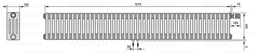 Схема (чертеж) Радиатор Zehnder Charleston 4040/43 №V008 Белый глянцевый RAL 9016
